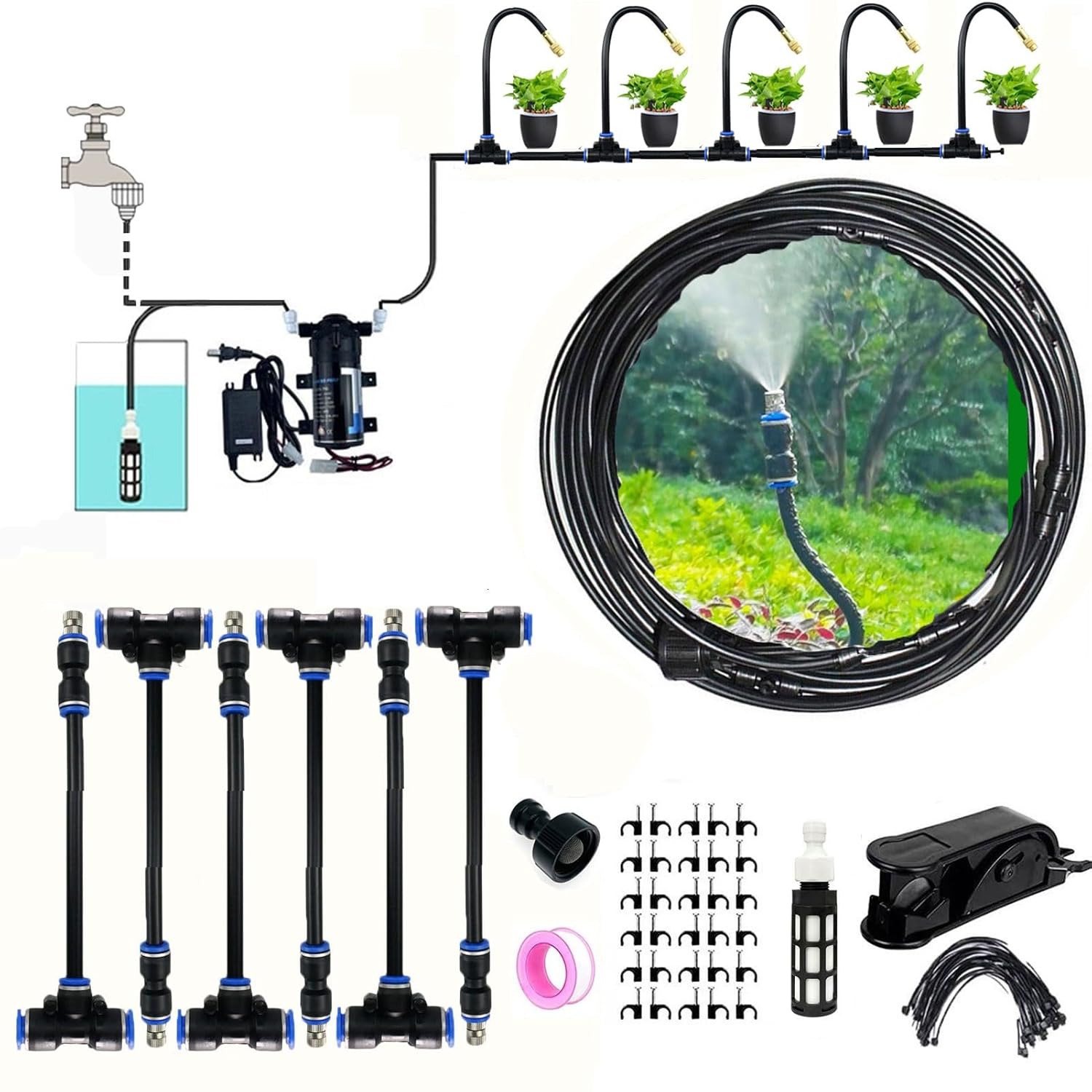 Outdoor Misting Cooling System with Flexible Brass Sprayers, Misting System for Patio with Mute Pump, DIY Micro Drip Irrigation System for Garden, Lawn, Home Irrigation(24m(80ft))