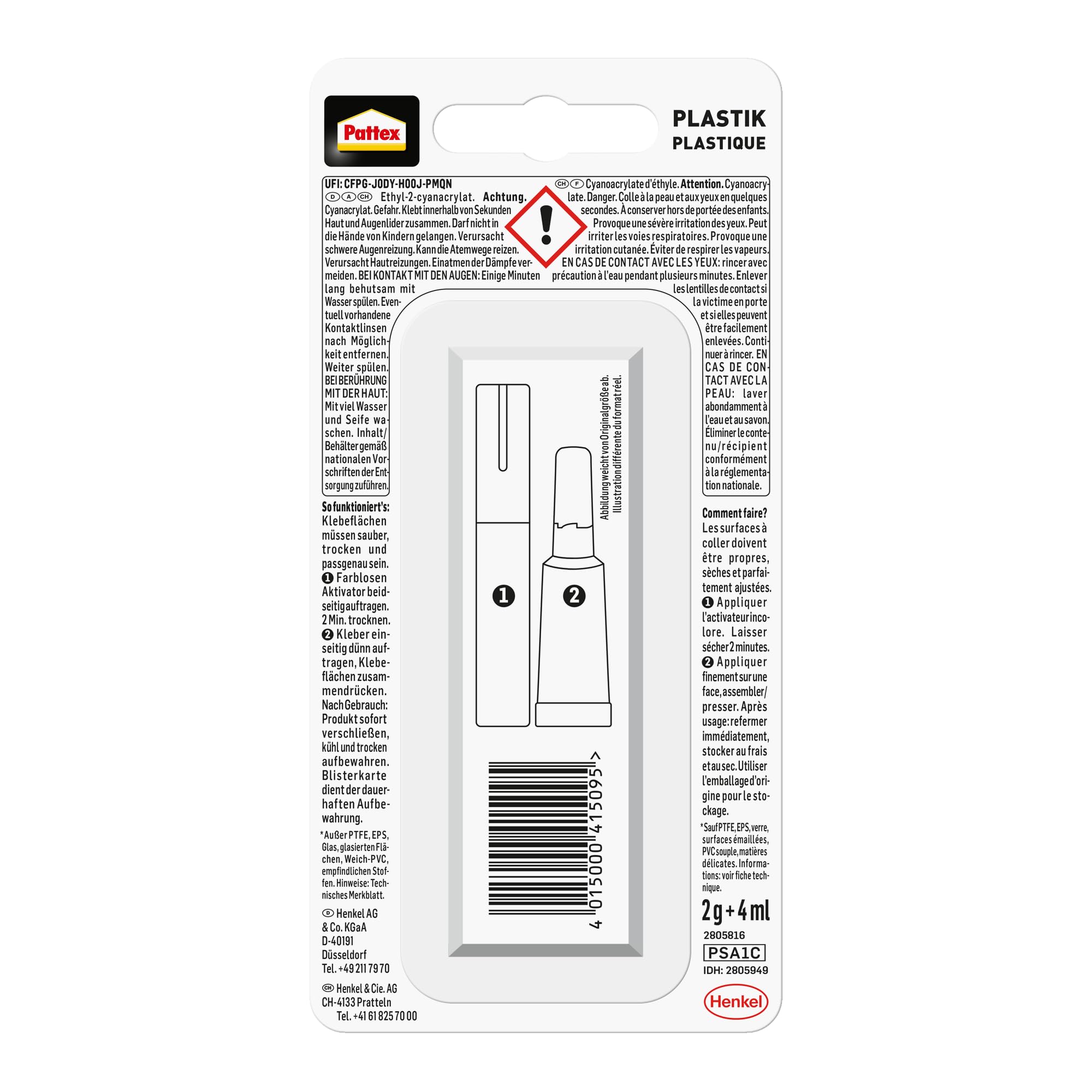 Pattex Plastix Szybki Klej Błyskawiczny do Plastiku, Przezroczysty, 2g i 4ml
