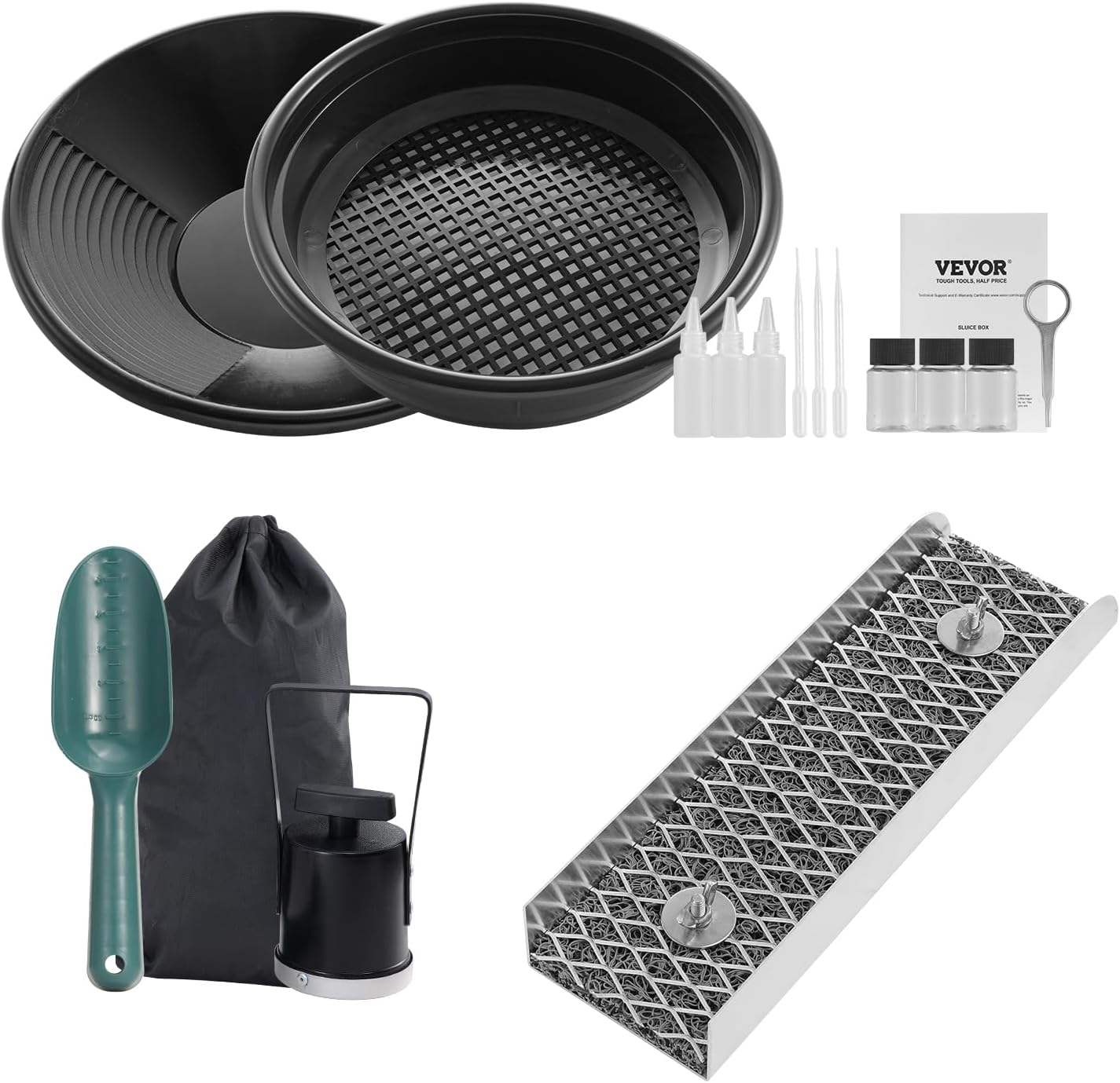 VEVOR Mini Sluice Box Gold Panning Kit, 12inch Aluminum Alloy Gold Mining Equipment, 16 PCS Gold Prospecting Kit with Gold Pan, Separating Magnet, Classifier Screen, Drawstring Backpack and More