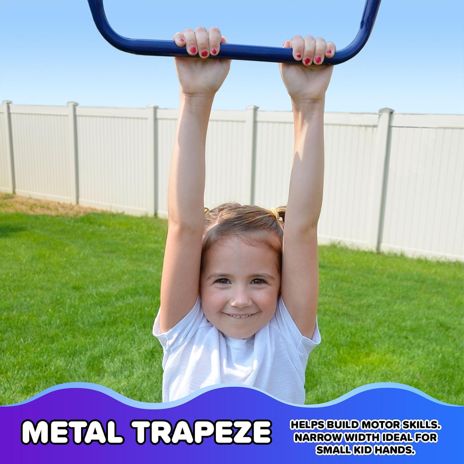 Close-up of the metal trapeze bar, designed with a narrow width for small hands to improve motor skills.