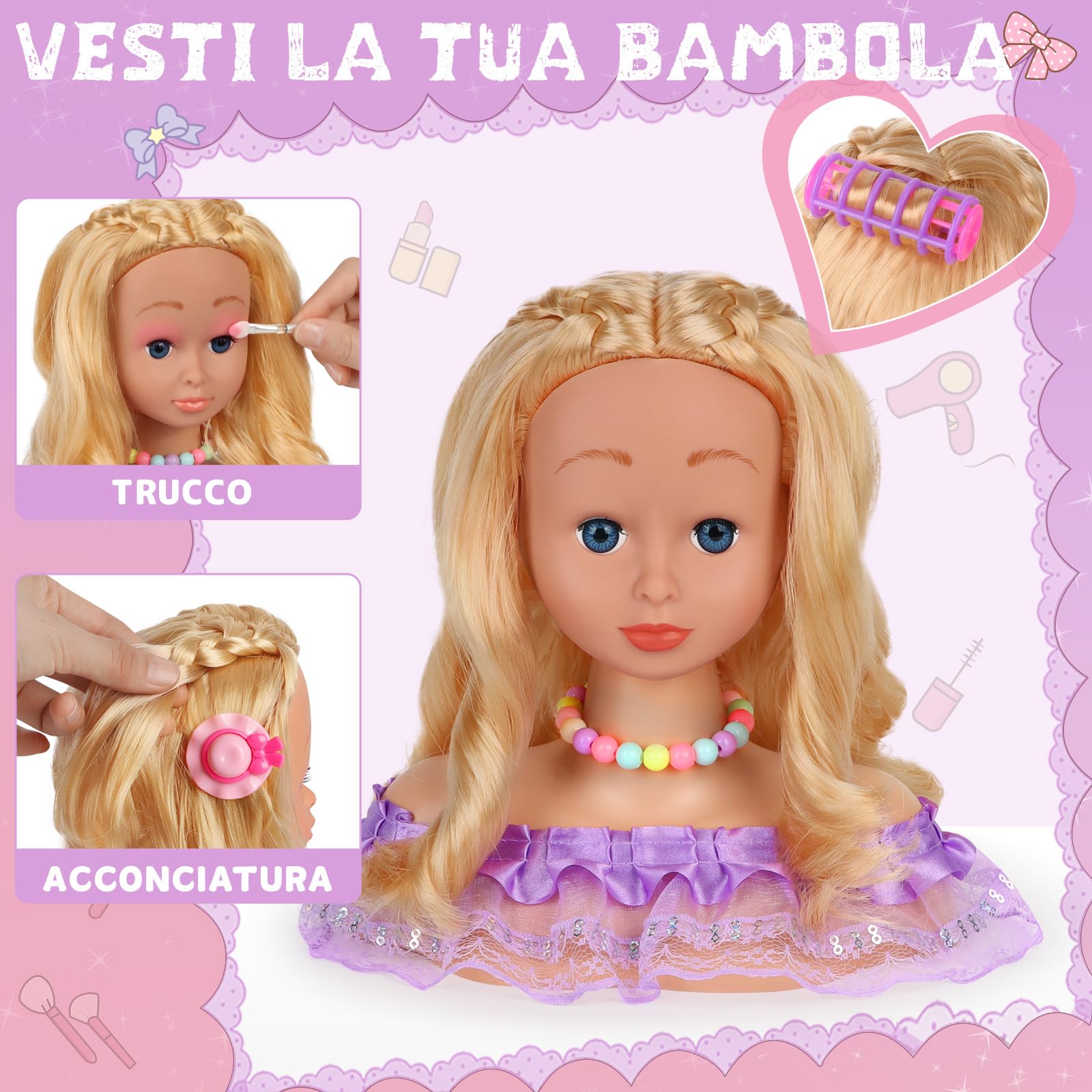 Testa Bambola da Truccare e Pettinare, 66 Pezzi Testa da Pettinare Bambina, Bambola da Truccare Regalo di Compleanno, Natale per Bambini a Partire Dai 3 Anni (Viola)