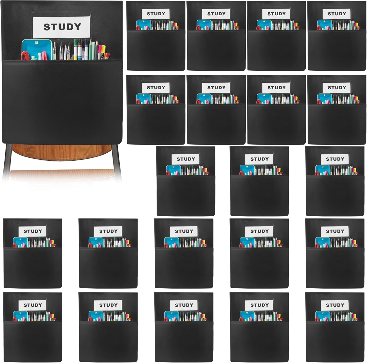 24 PCS Chair Pockets for Classrooms,19.5"x16.5" Seat Sacks for Classroom Chairs K-2, Classroom Student Chair Pockets for Kindergarten, Classroom,School, and Home Seating Storage，Black.