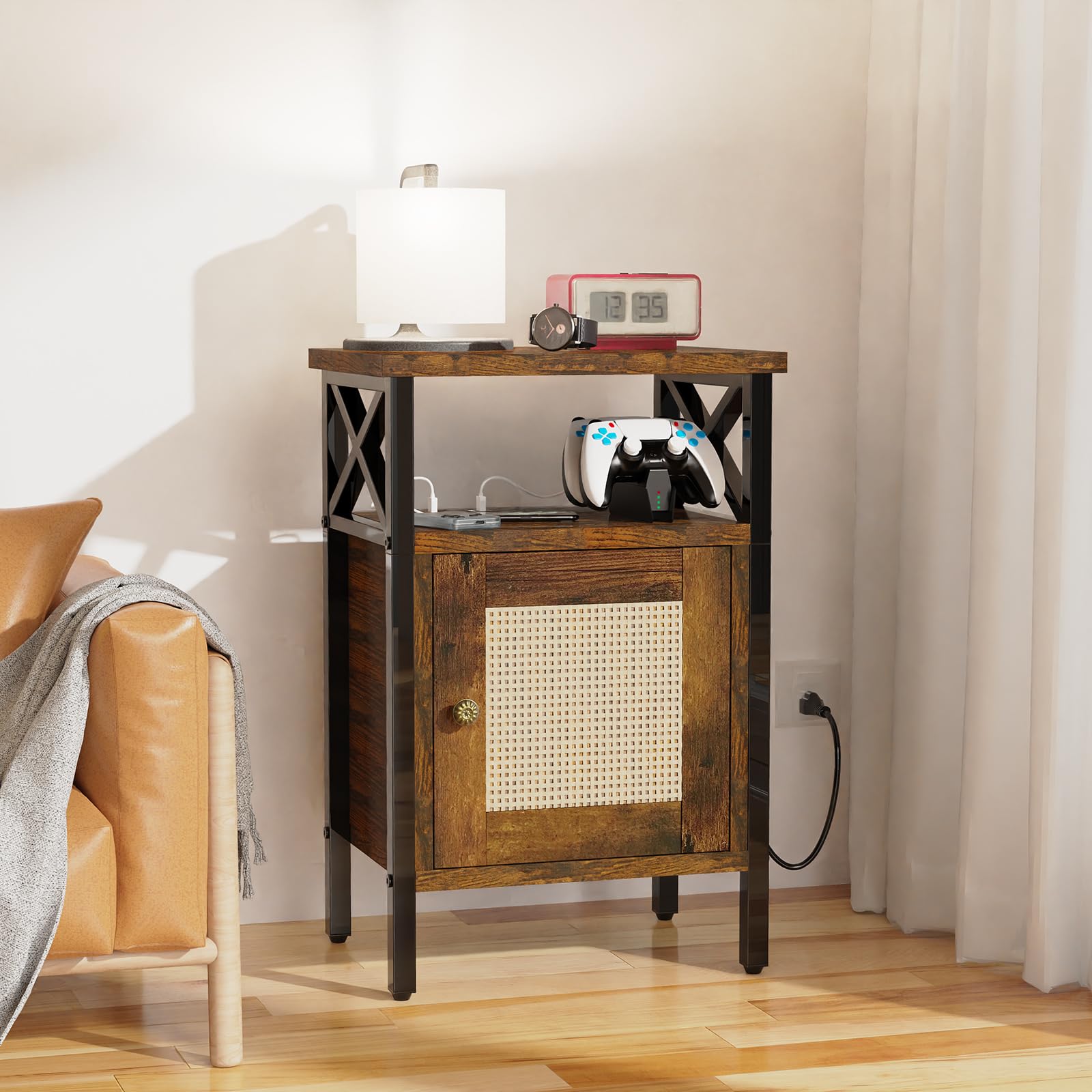 runjuly Rattan Nightstand with Charging Station, End Table with Type C Qick Charging, Night Stand with Door and Open Shelf, Farmhouse Wooden Bed Side Table for Bedroom Living Room Dorm, Rustic Brown