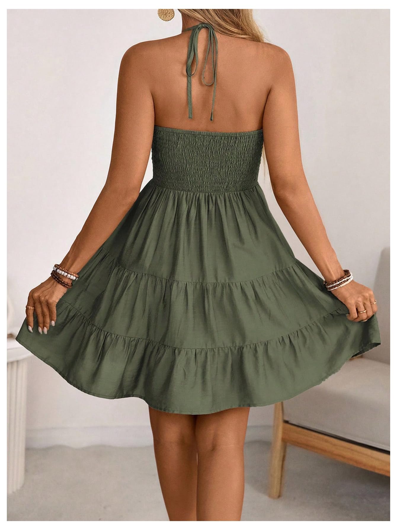 SOLY HUX Women's Summer Mini Dress Halter Backless Sleeveless A Line Ruffle Hem Flowy Cami Dresses Sundress: Small Pure Army Green