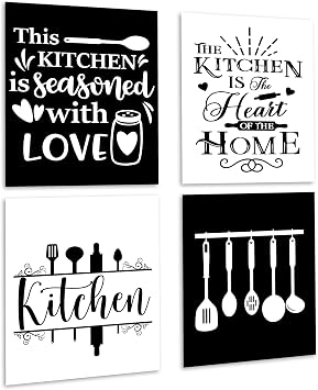 IDWHUIE 4 Pcs Kitchen Accessories Wall Decor, Funny Black And White Wall Art Decor Sets, This Kitchen Is Seasoned With Love Quotes Poster Decor For Dining Room Restaurant, Unframed, 18