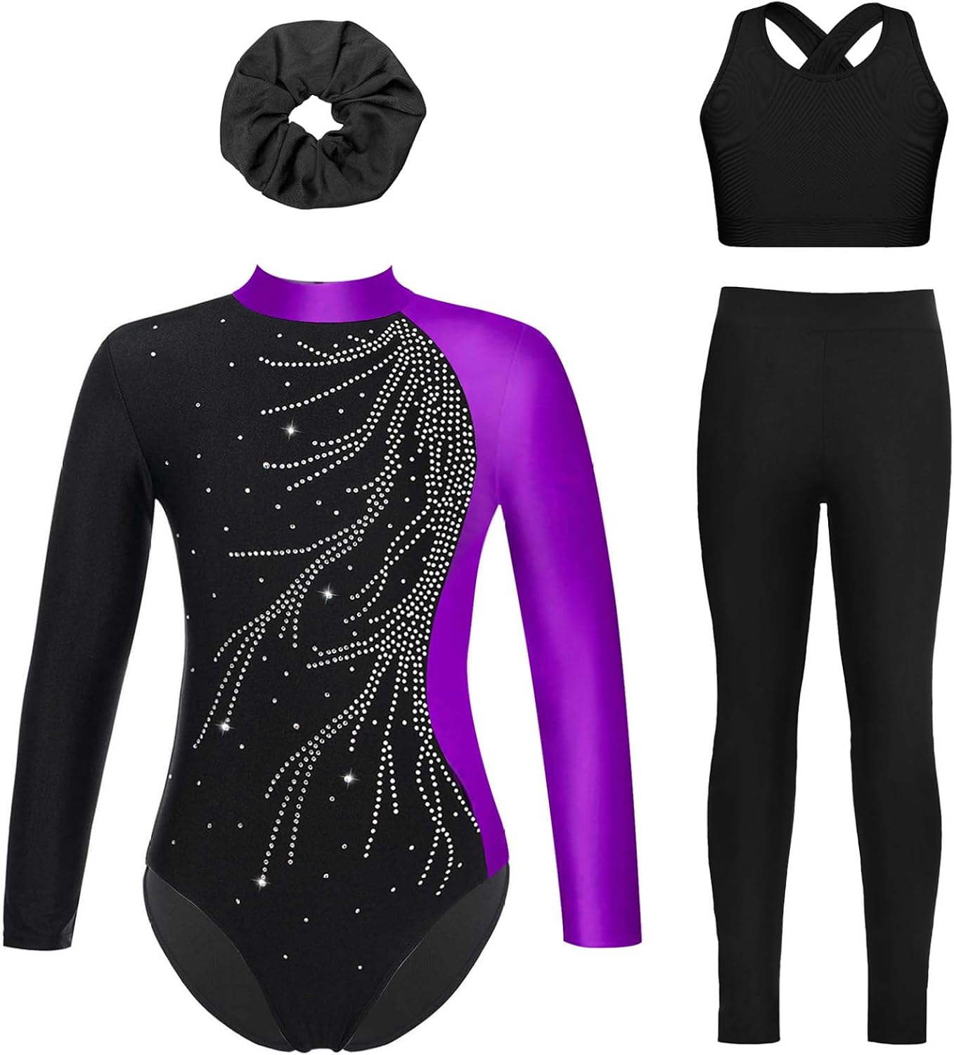 Gymnastics Leotard for Girls Long Sleeve Rhinestones Unitard Tumbling Outfit with Vest Leggings Hairband