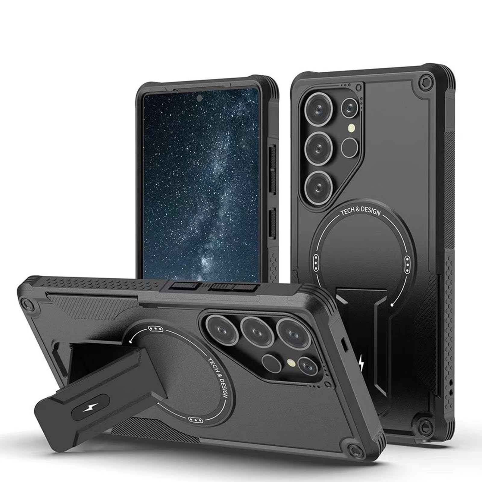 Magnetyczne etui do Samsung Galaxy S25 Ultra/S25 Plus/S25, etui ochronne z folią ochronną na wyświetlacz, podstawką (czarne, S25)