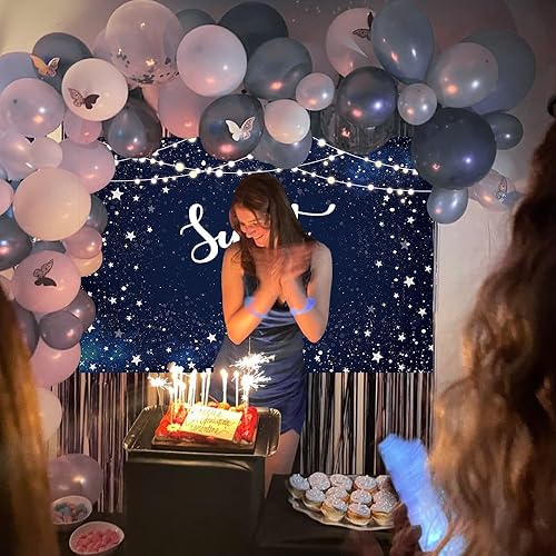 Miniatura 6 de Telón de fondo de noche estrellada dulce 16, estrellas blancas, cielo nocturno, decoración de fiesta de cumpleaños número 16, fondo de galaxia,
