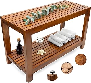Teak Shower Bench - Fully Assembled 30 inch Shower Bench with Shelf | Water Resistant Shower Benches for Inside Shower to Sit on | Wooden Shower Bench for Spa, Garden, Living Room, Kitchen