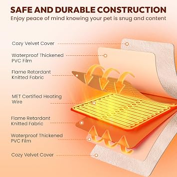 Niubya Pet Heating Pad for Dogs and Cats, Adjustable Temperature and Waterproof Pet Heated Mat with Timer, Electric Heating Pet Bed with Chew Resistant Cord and Soft Washable Cover, 59x39.5