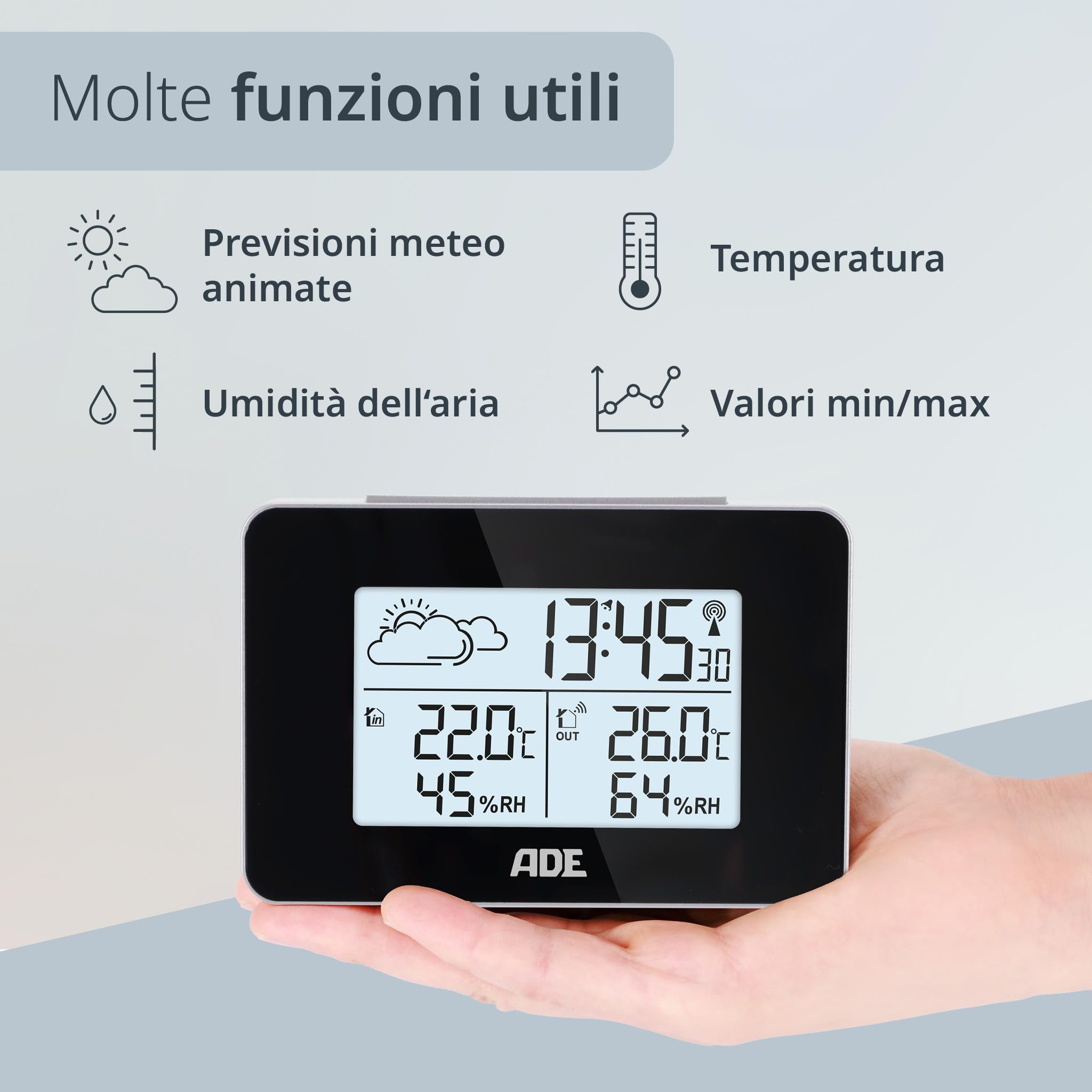 ADE Stazione meteo Digitale con Sensore Esterno | Termometro Digitale Ambiente Interno Esterno | Igrometro Umidità | Sveglia | Display a LED illuminato | nero