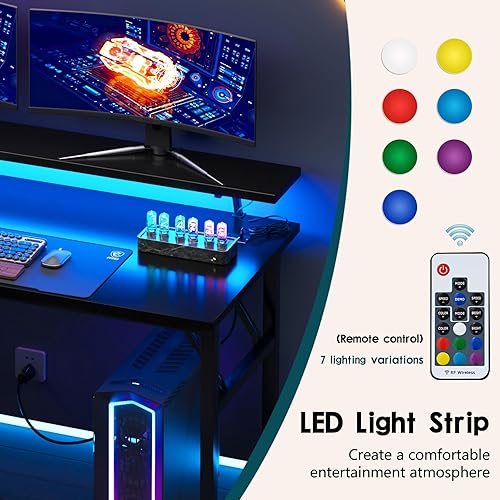 Miniatura 18 de Need Escritorio para computadora de 47.2 pulgadas con luces LED y tomas de corriente, escritorio plegable con estante para monitor, escritorio