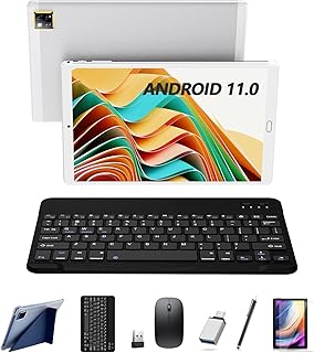 Tablet 10 Inch Android 11 2 in 1 Tablet with Keyboard 4GB RAM 64GB ROM 128GB Expansion Memory, 13MP Camera, 5G WiFi, Bluetooth, Mouse, Stylus, Google Certified, 1280 * 800 HD Display (Silver)