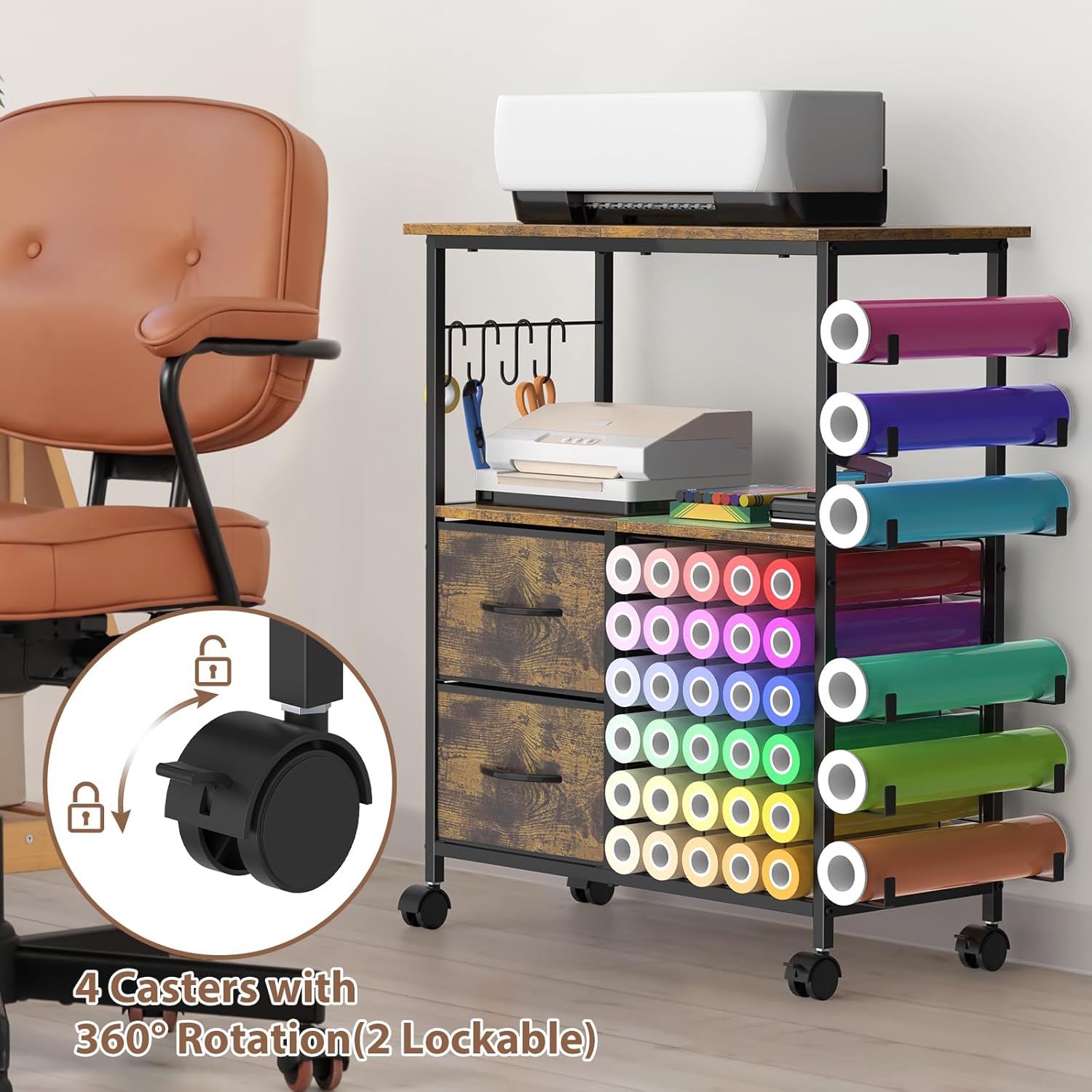 Craft Organization and Storage Stand Compatible with Cricut Machine Rolling Craft Cart with Vinyl Roll Holders, Crafting Table Workstation with Drawers, Rustic Brown