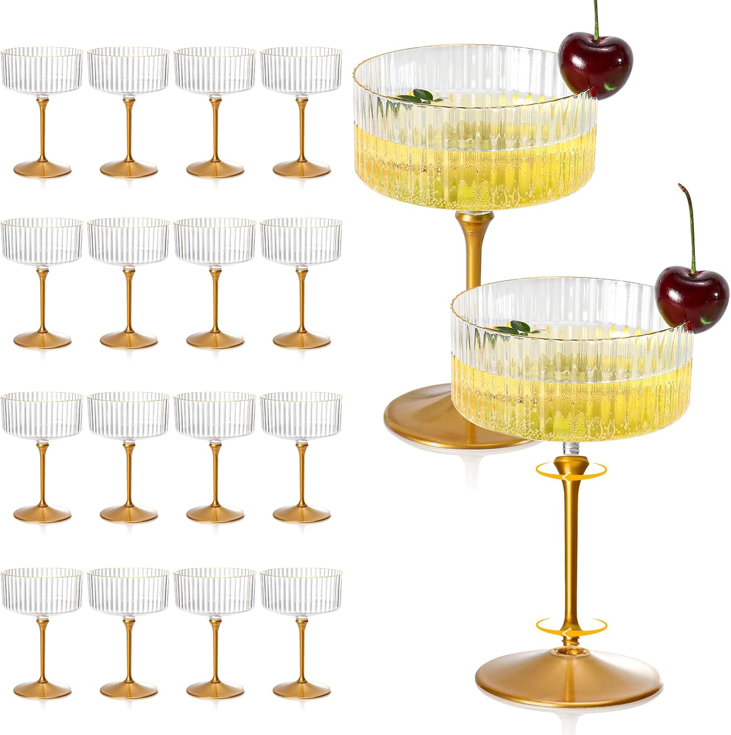 XUWAIDSGN 24 Pcs Champagne Martini Glasses 9 Oz with Gilded Removable Gold Rim Coupe Glasses Pink Martini Glasses Plastic Mimosa Vintage Coupe Glasses Set For Wedding Anniversary (24, Ribbed Gold)