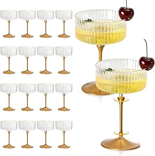 24 Pcs Detachable Martini Glasses 10oz Plastic Clear Ribbed Coupe Glasses Gold Rim Disposable With Gold Stem Vintage Cocktail Glassware Set Unique Martini Glass For Champagne Wine Wedding Anniversary