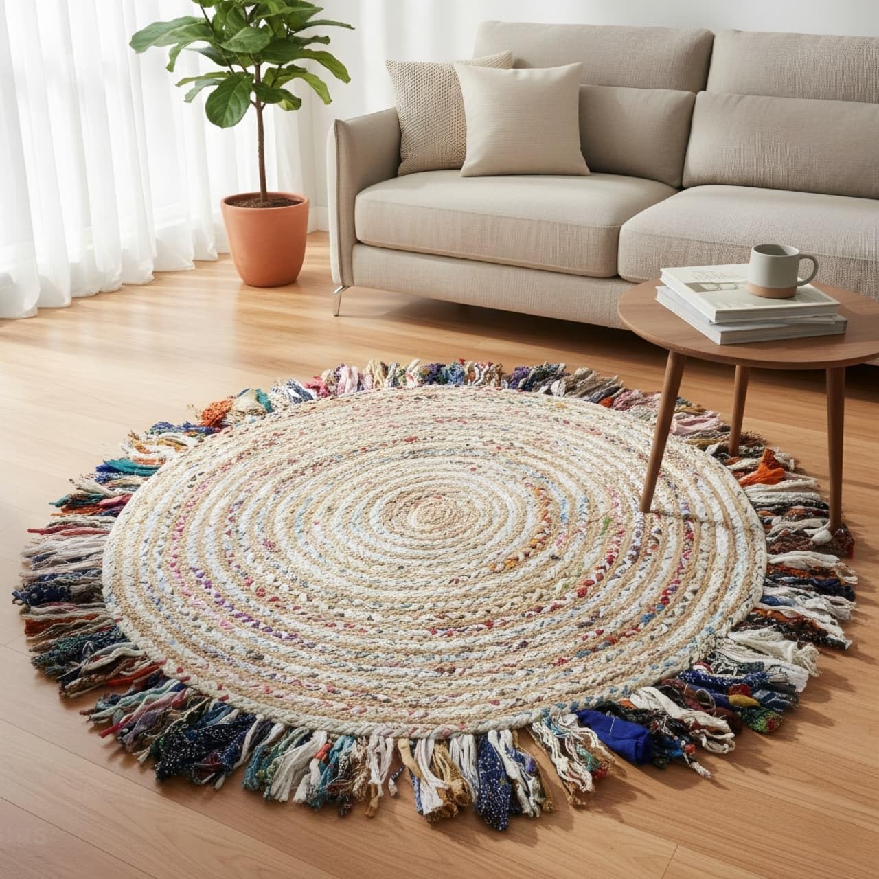Jute Cotton Braided Boho Area Rug, 2' Round - Natural, Handmade, Hand Woven Farmhouse Reversible Rugs for Living Room, Kitchen, Bedroom, Hallway, Entryway - 2 Feet Round Multicolor