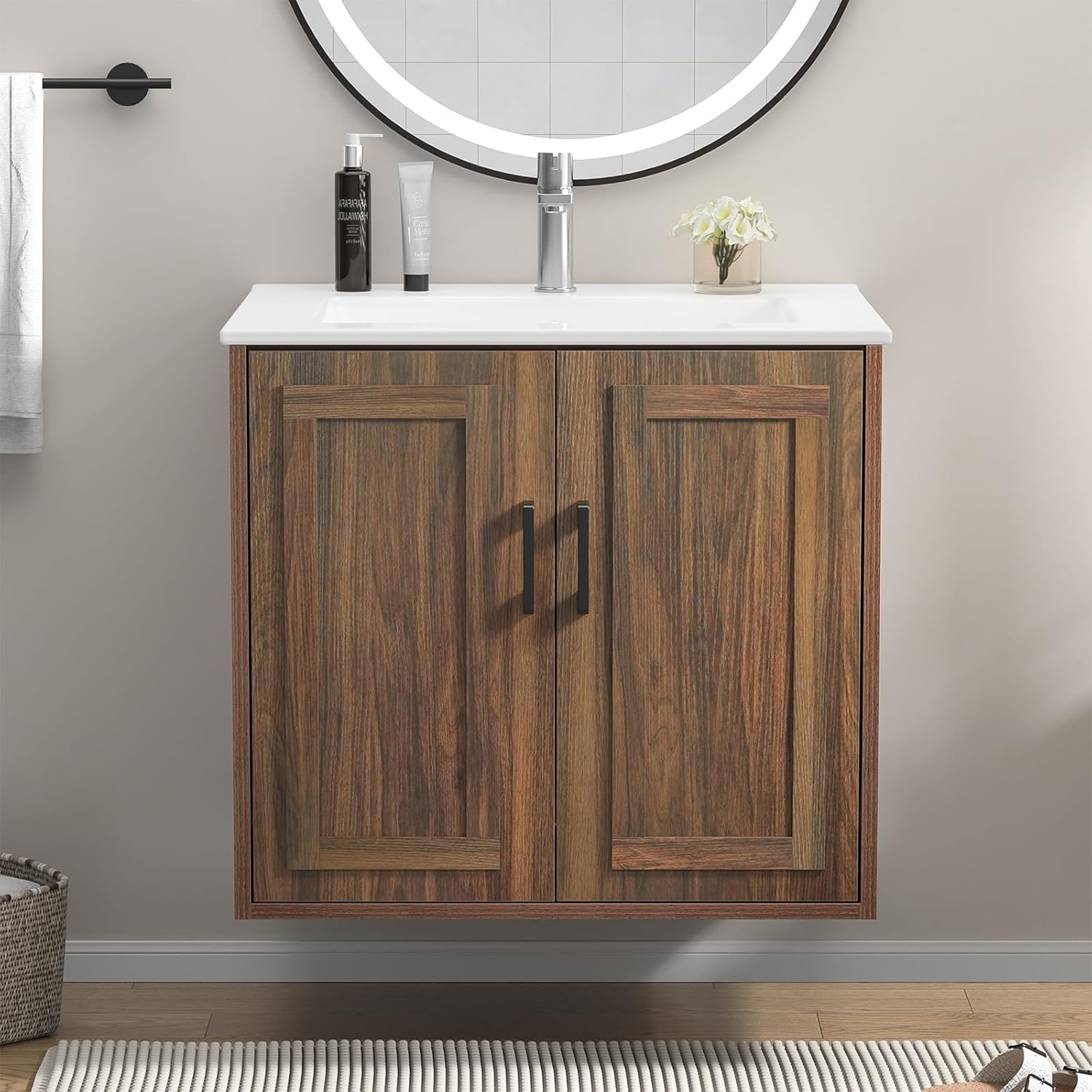 24" Bathroom Vanities with Sink Combo, Wall Mounted Floating Vanity, Wood Bathroom Cabinet with 2 Doors, Walnut Modern Vanity Cabinet Set (Faucet Not Included)