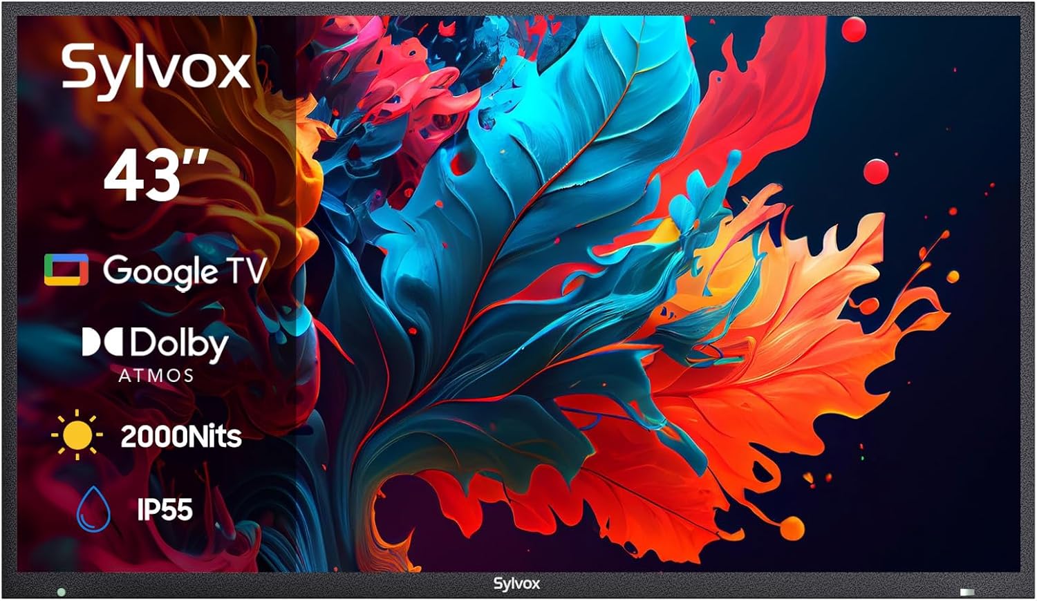 SYLVOX Full Sun Outdoor TV, 43'' QLED Smart TV, IP55 Waterproof, Dolby Vision HDR, Voice Remote,2000nits Weatherproof Television, Chromecast Built-in for Full Sun Area(Pool Pro QLED 2.0)