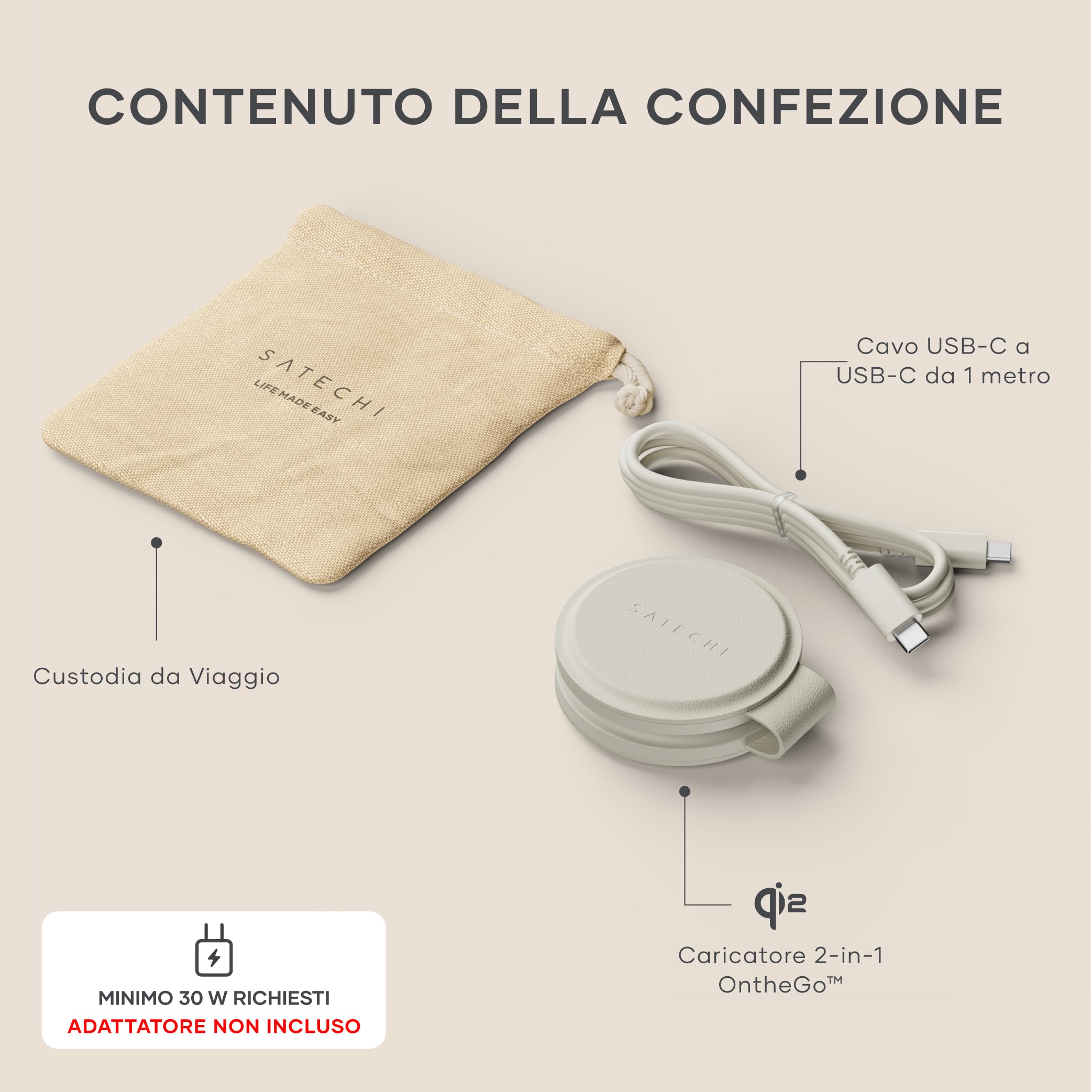 SATECHI OntheGo™ Caricatore Wireless Pieghevole 2 in 1, Stazione di Ricarica Rapida Qi2 15W per Serie iPhone 17 16 15 a 12, 5W per Apple Watch e AirPods, Caricatore a Induzione da Viaggio – Beige | 5W per Apple Watch, supporto magnetico da viaggio, compat