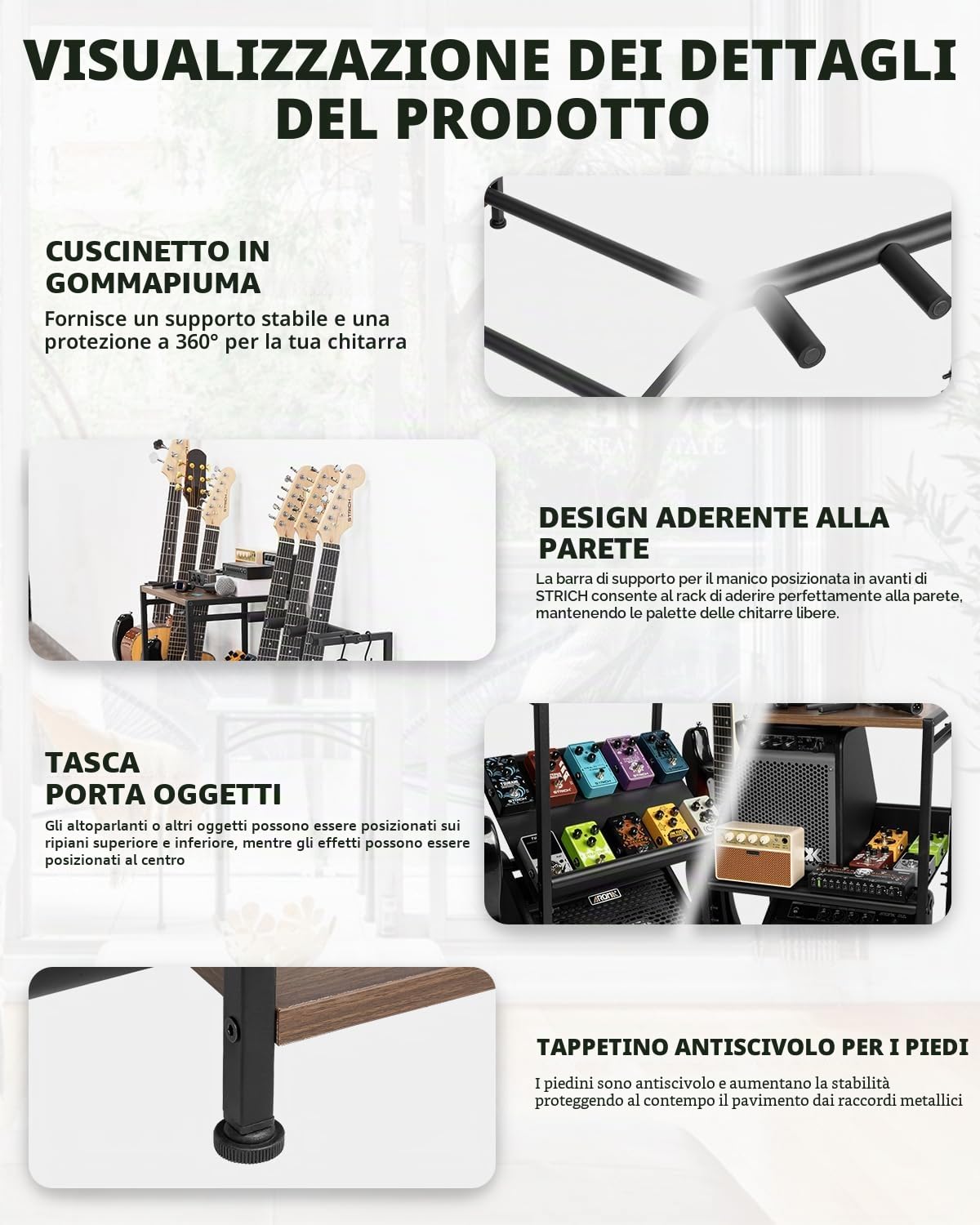 STRICH Supporto per chitarra acustica multipla, espositore per chitarre con imbottitura morbida e multi supporto per chitarra, per studio domestico, sala musica SMT-40