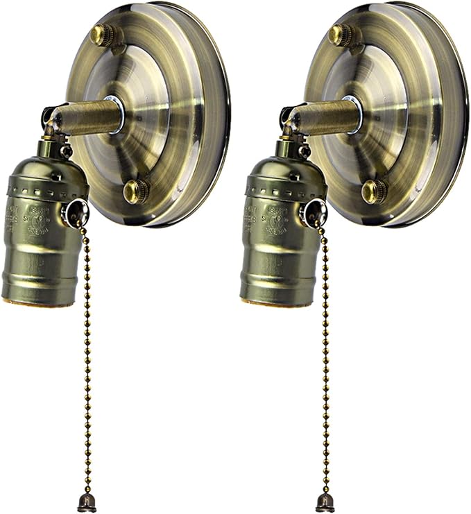 Luxvista E26 Pull Chain Wall Sconce, E27 Brass Industrial Metal
