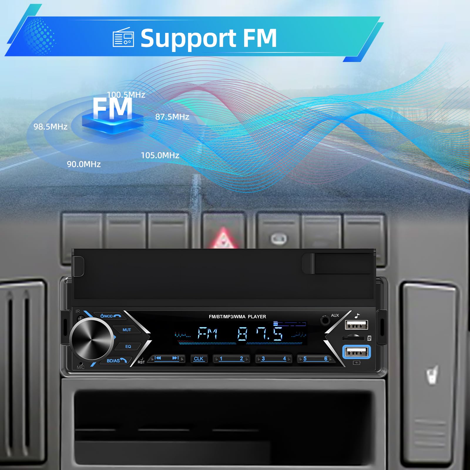 NHOPEEW Autoradio 1 Din con Bluetooth - Lettore MP3 Supporto per telefono - Doppia porta USB/TF Card/Radio FM/Ingresso AUX/Comando al volante/Pulsanti luminosi + microfono wireless