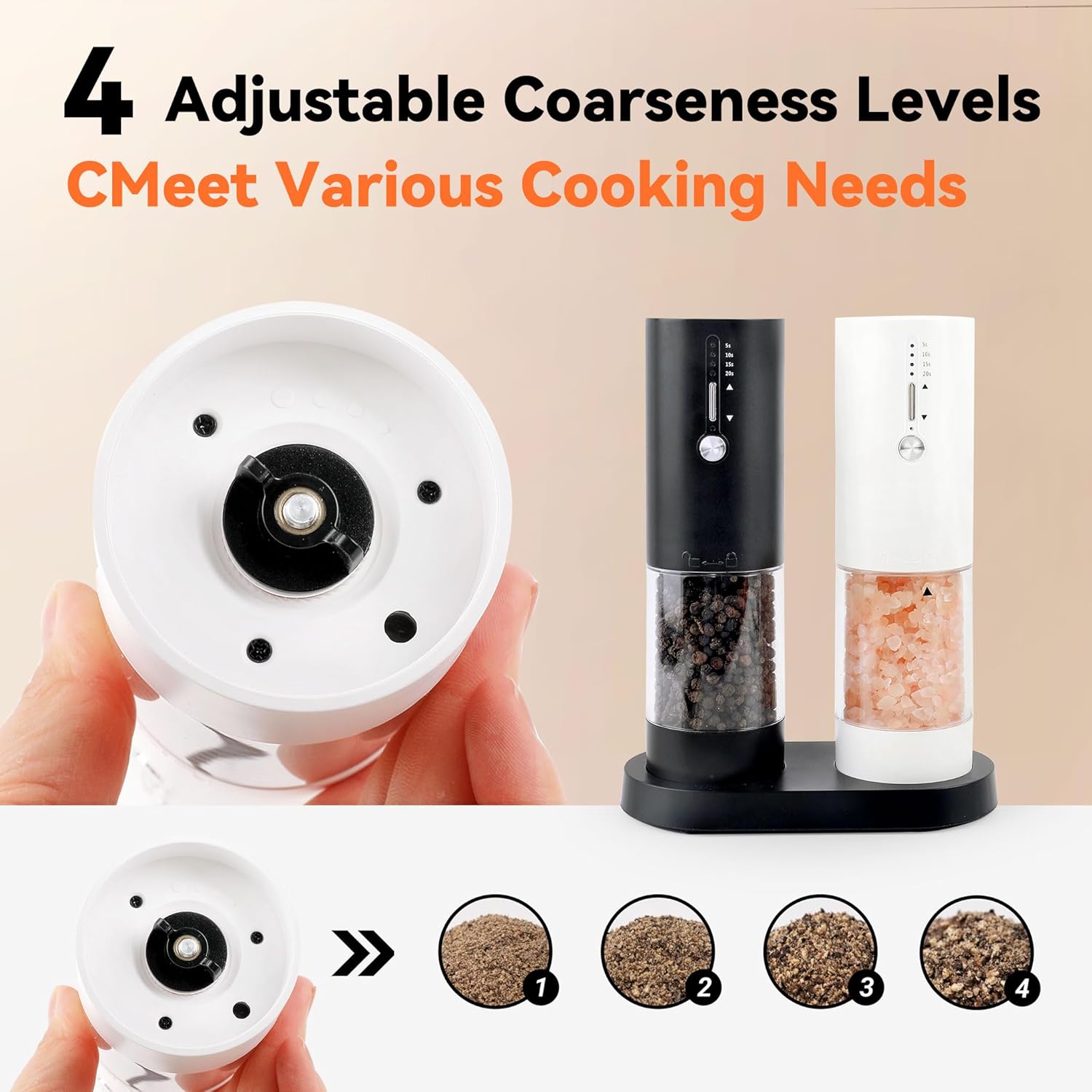 Electric Salt and Pepper Grinder Set, Rechargeable Automatic with LED Light, 4-Grade Grinding, External Coarseness Adjustment, Large Hopper, 2 Pack