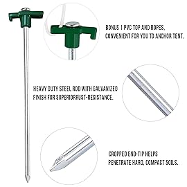 ABCCANOPY 11 Inch Tent Stakes 10 Pcs Non-Rust Metal Ground Anchors, Heavy Duty Spikes with 4 Ropes for Outdoor Camping, Green