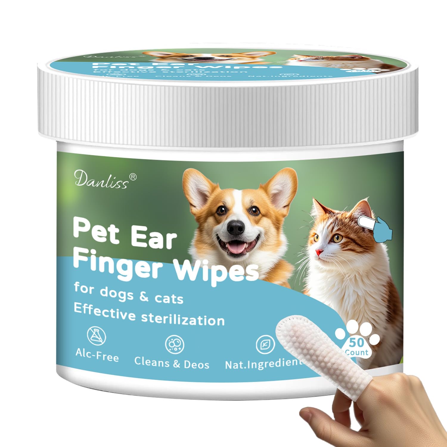 Dog Ear Cleaner Wipes Finger for Dogs & Cats, Dog Ear Infection Treatment Regular Soothing Odor Remove Ear Wax Build Up Pet Health Supplies Premium Strength Relieve Ear Itching 50 Count