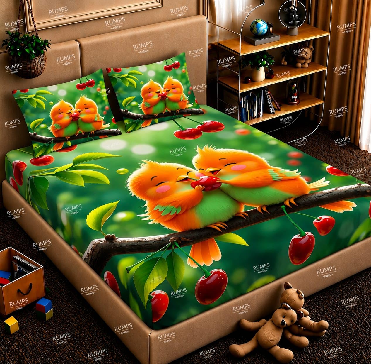 RUMPS 3D Digital Printed Double Bedsheet Flat | Premium Knitted Cotton MicroFabric 90x100 Inch Bed Sheet with 2 Pillow Covers, Cute Cartoon Blue Bird (7D Digital Muti03)