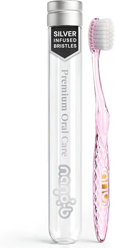 Nano-b Manual Toothbrush for Adults with Sensitive Gums, Silver Soft/Medium Bristles, Travel Case, Pink