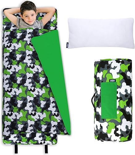 Wildkin Tapete original para siesta para niños, acogedor tapete para dormir con almohada, ideal para la escuela y los viajes, color verde camuflaje