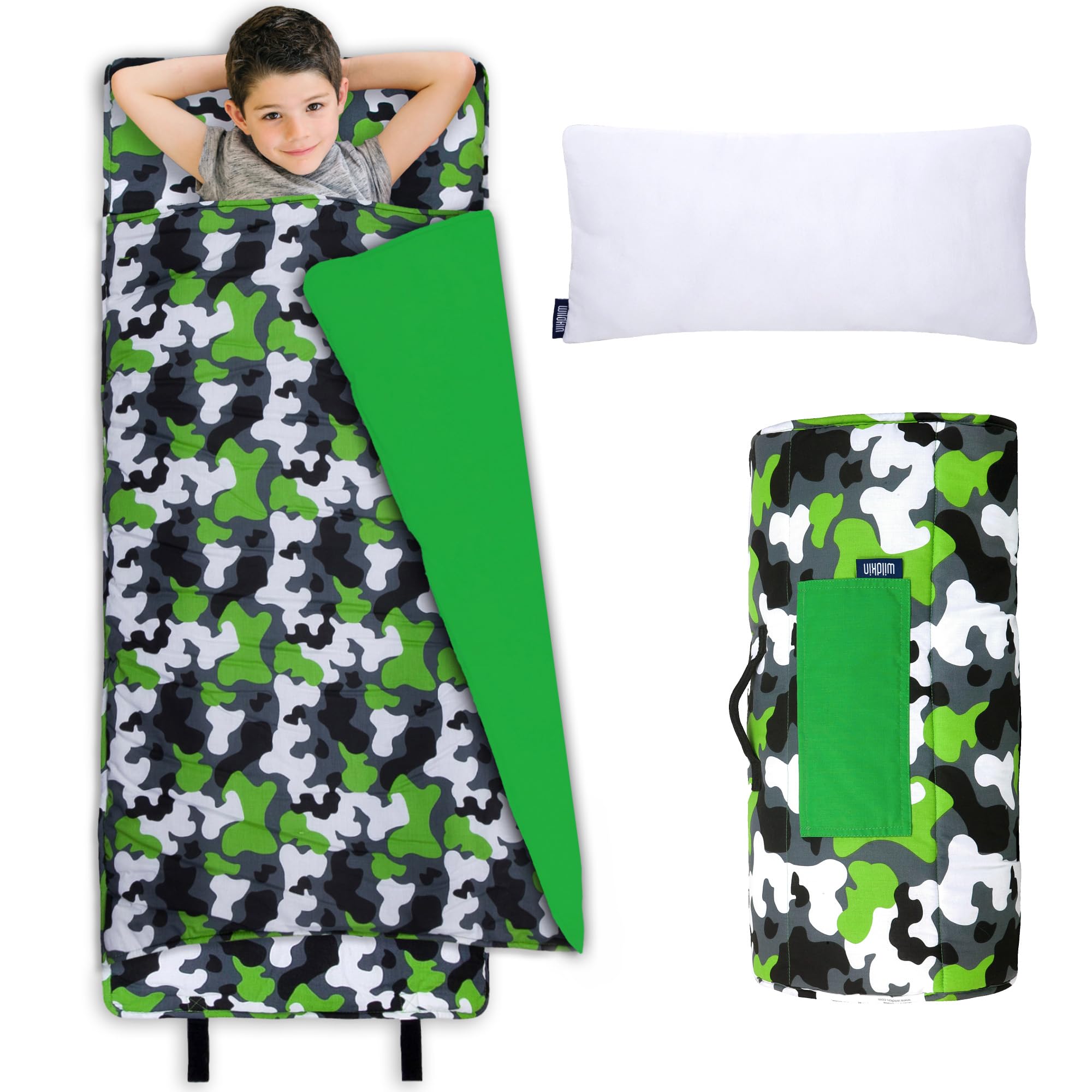 Wildkin Kids Original Nap Mat – Cozy Kids Sleep Mat with Pillow, Ideal for School & Travel - Camo Green
