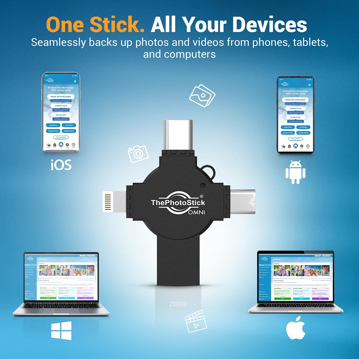 ThePhotoStick® Omni X - 64 GB - Copia de seguridad y transferencia segura de fotos y videos | Organización de archivos digitales | Conexión USB y multipuerto para teléfonos, tabletas y computadoras |