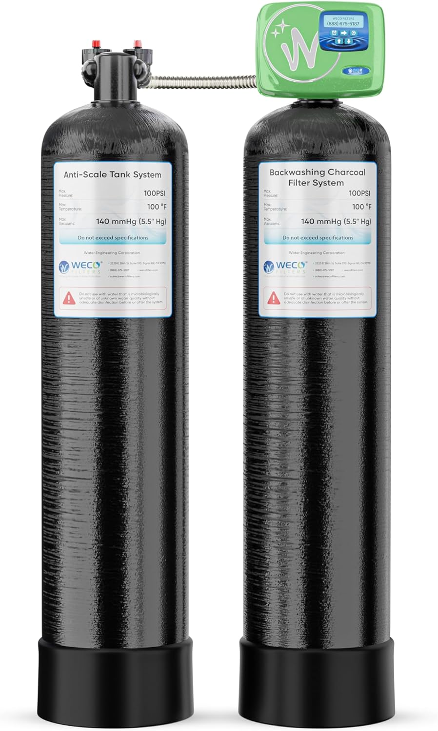 WECO Backwashing Charcoal and Anti-Scale Dual Tank Whole House Water Filtration System DBZ-10SCMH-1054