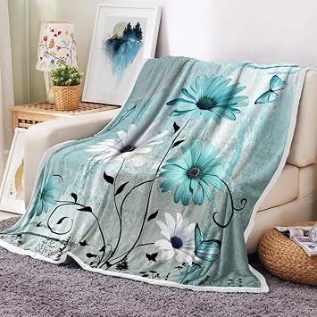 Blue Flowers Throw Blankets, Floral Throw Flannel Blankets for Couch & Bed, Spring Green Sun Super Soft & Warm Blankets, Plush Cozy Fuzzy Blanket