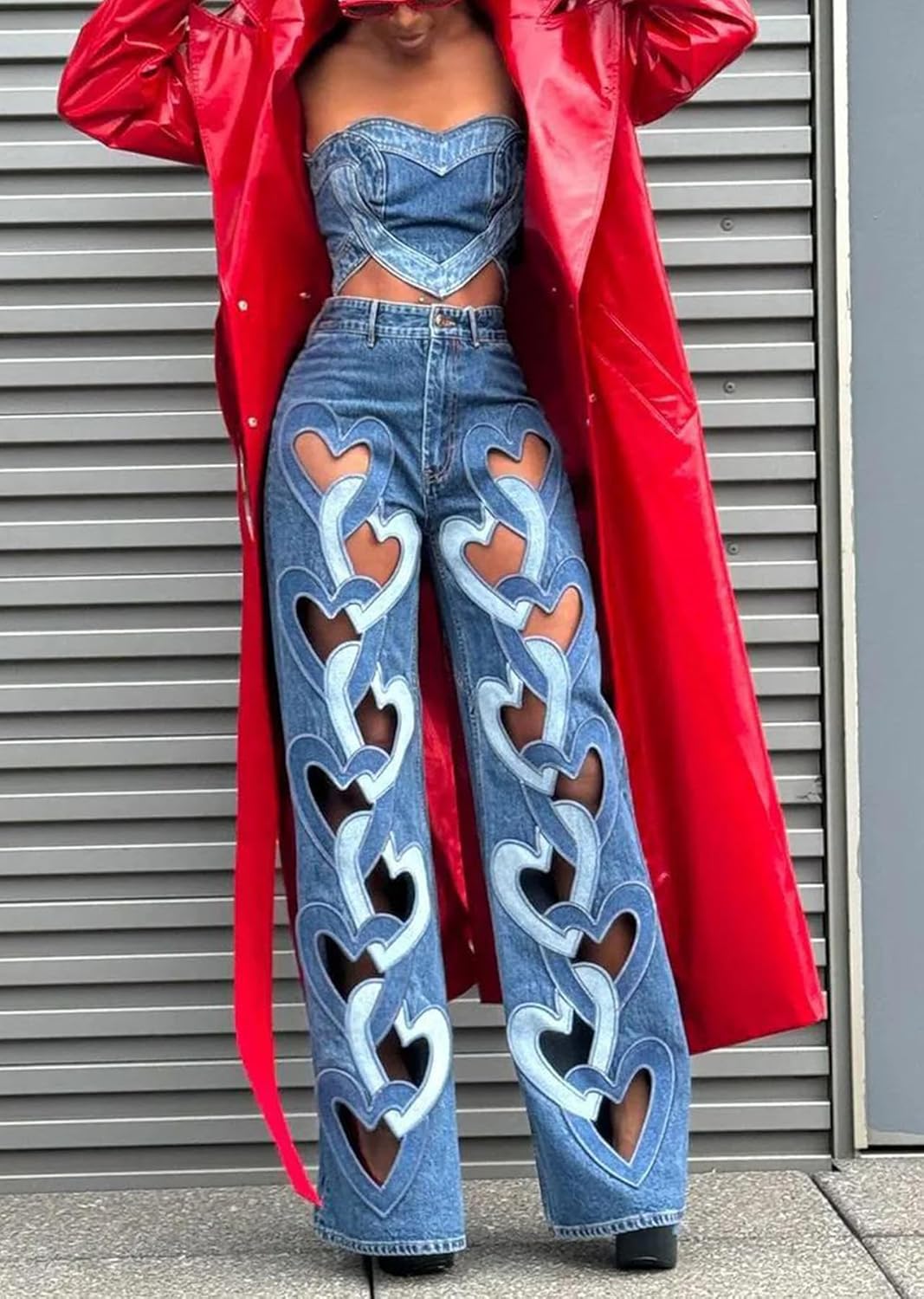 Famnbro Womens Ripped Jeans Heart Cutout Baggy Y2k High Waisted Straight Wide Leg Sexy Denim Pants - Image 3