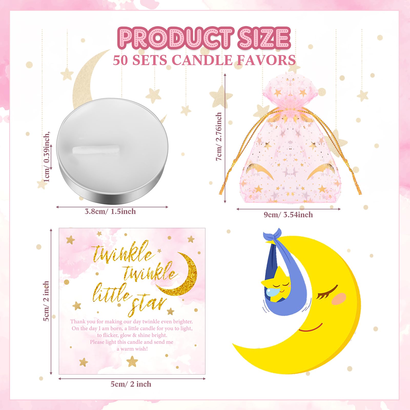 50 zestawów świec na baby shower, 50 szt. świec herbacianych dla gości, z 50 woreczkami z organzy w kształcie gwiazdy księżyca i 50 szt. zawieszki z podziękowaniami, upominki na przyjęcie dla dziecka,