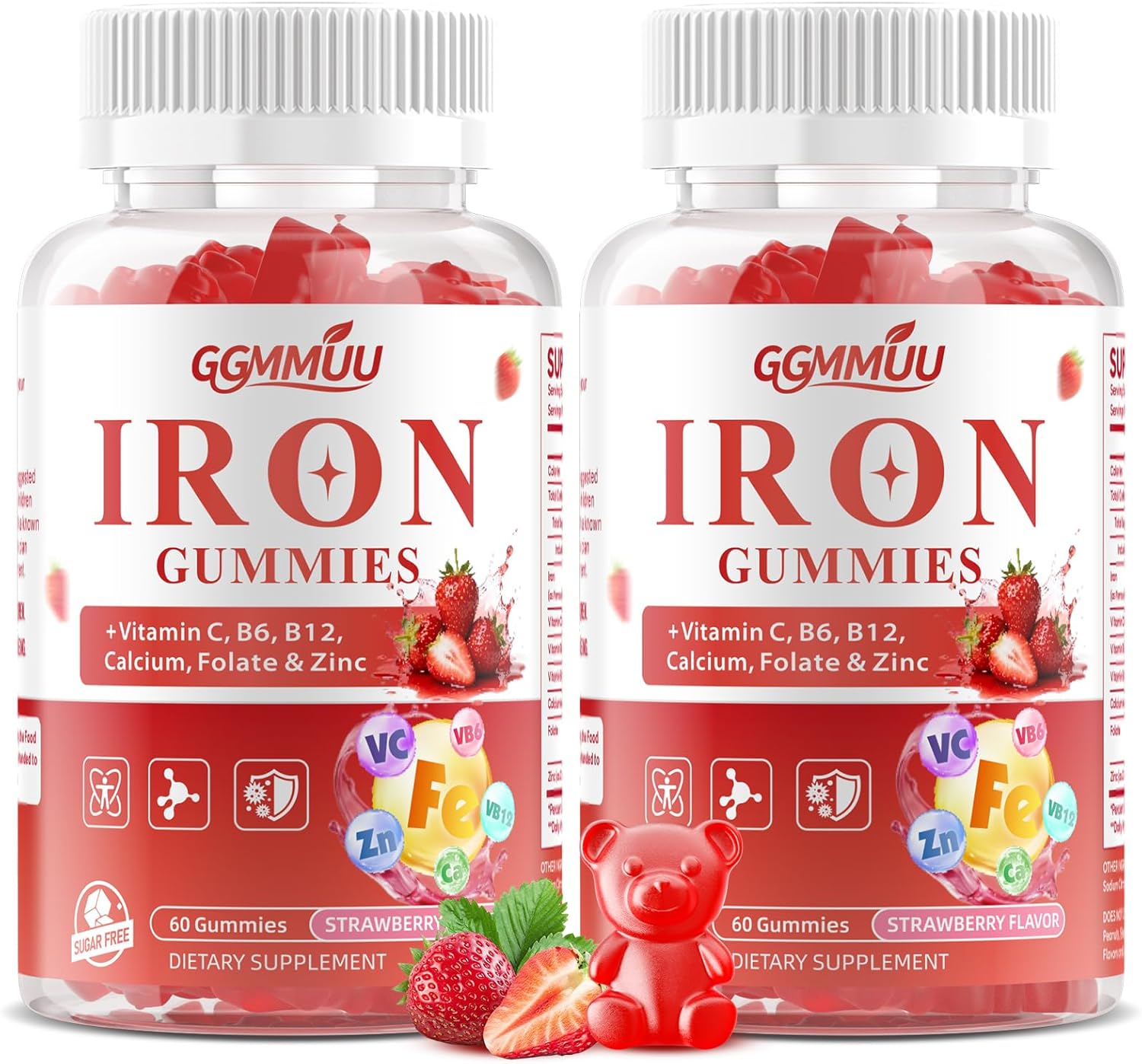 2 Pack Iron Gummies for Women & Men, Vegan Iron Supplement with Calcium, Folate, Vitamin C, B12, B6, Zinc for Adults & Kids - Energy Support - Sugar Free, Strawberry Flavor, 120 Count