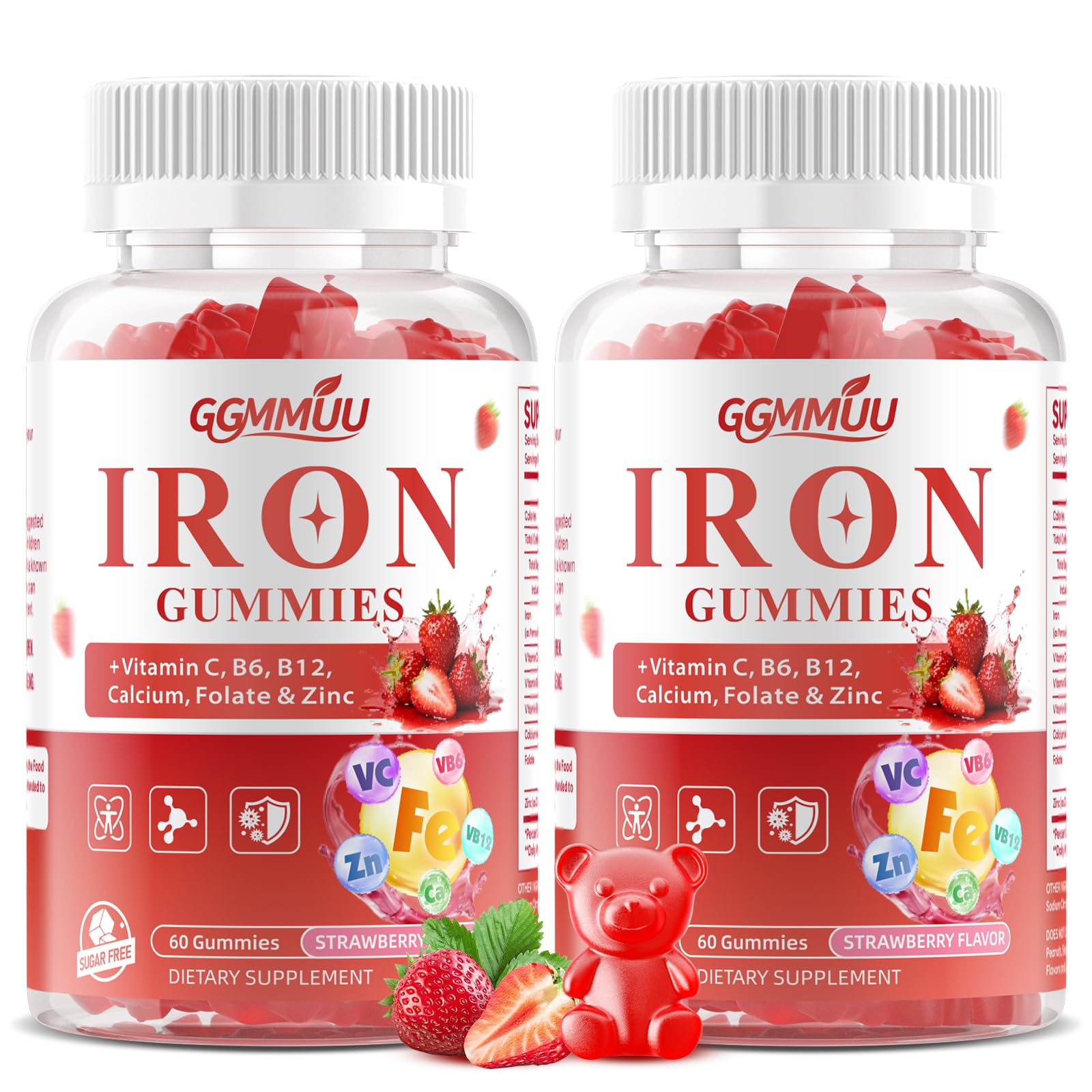 2 Pack Sugar Free Iron Gummies for Energy Support, 120 Count 60 Count (Pack of 2)