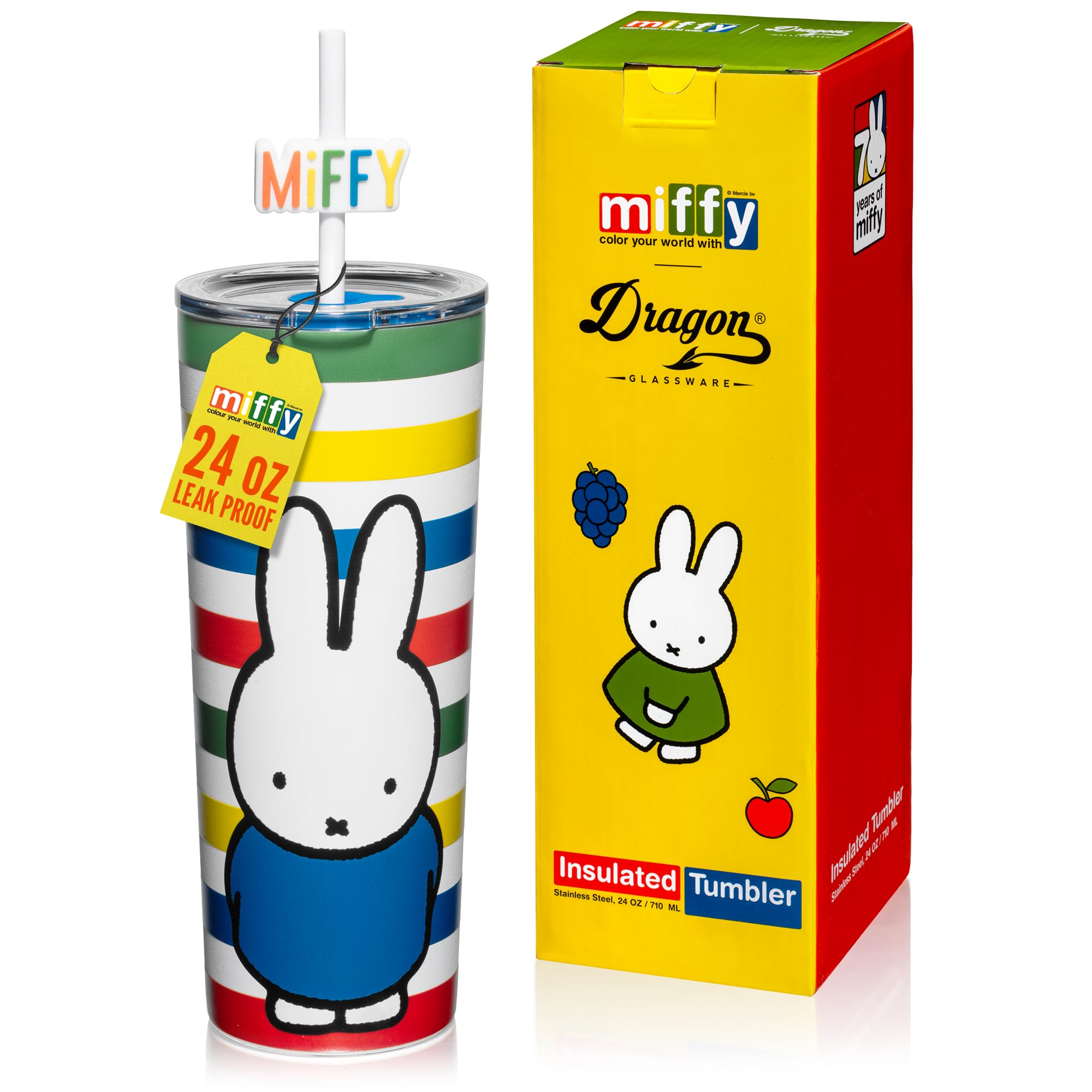 Dragon Glassware Miffy Trinkgläser 2er-Set – Mit Deckel & Strohhalm, 473 Ml, Wiederverwendbar, Erdbeer-Design, Offiziell Lizenziert