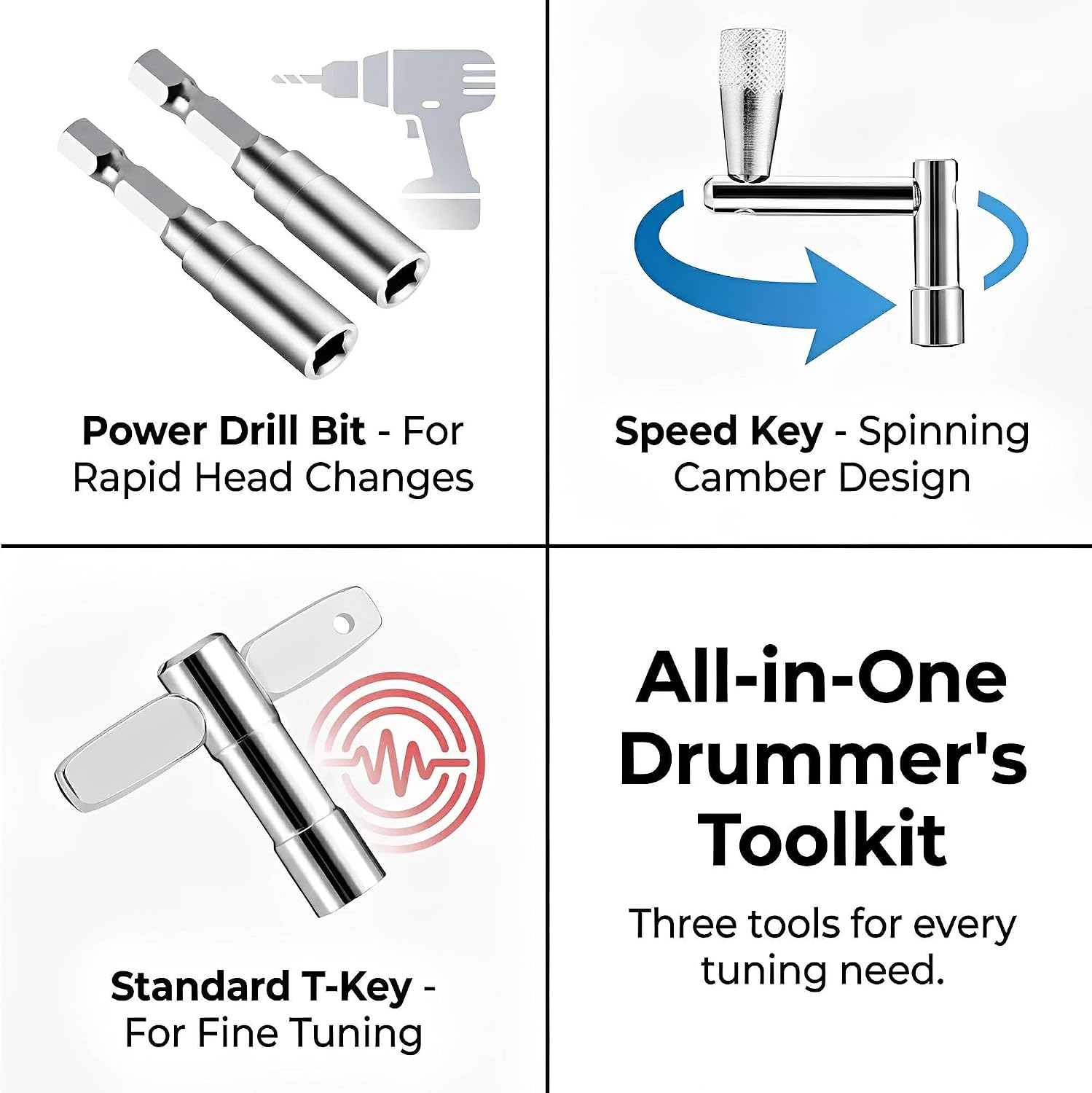 Drum Key Set with Drill Bit Adapter, Speed Standard Keys Chrome image 2