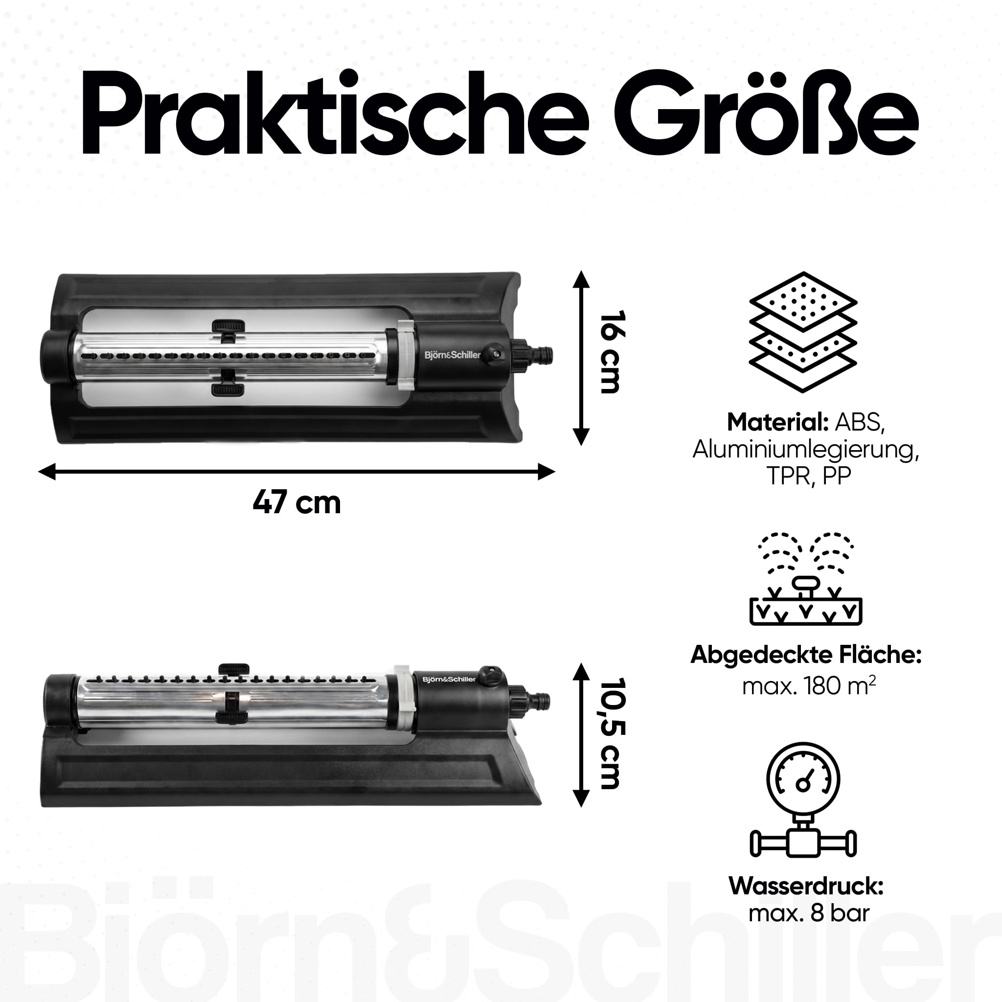 Björn&Schiller Oszillierender Rasensprenger, Viereckregner mit 18 Düsen, Einstellbarer automatischer Gartensprenger, Bewässerungsfläche bis zu 180 m², Sprinkler für Gartenbewässerung, inkl. Filter
