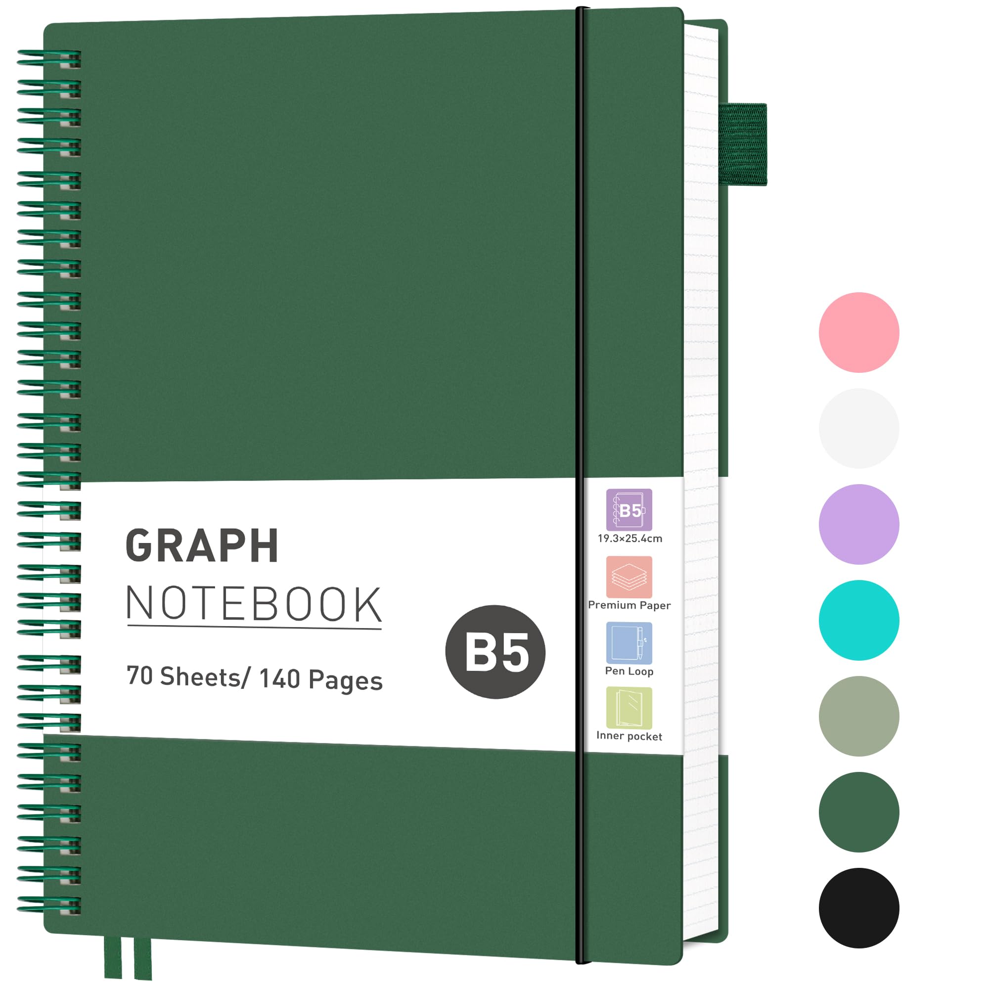 RETTACYGraph Grid Paper Notebook, 140 Pages, B5 Size (19 x 25 cm), 5mm per Square, 100 GSM Thick Paper, Flexible Plastic Cover, Spiral-bound, for School, Students, Math, Engineering (Dark Green)