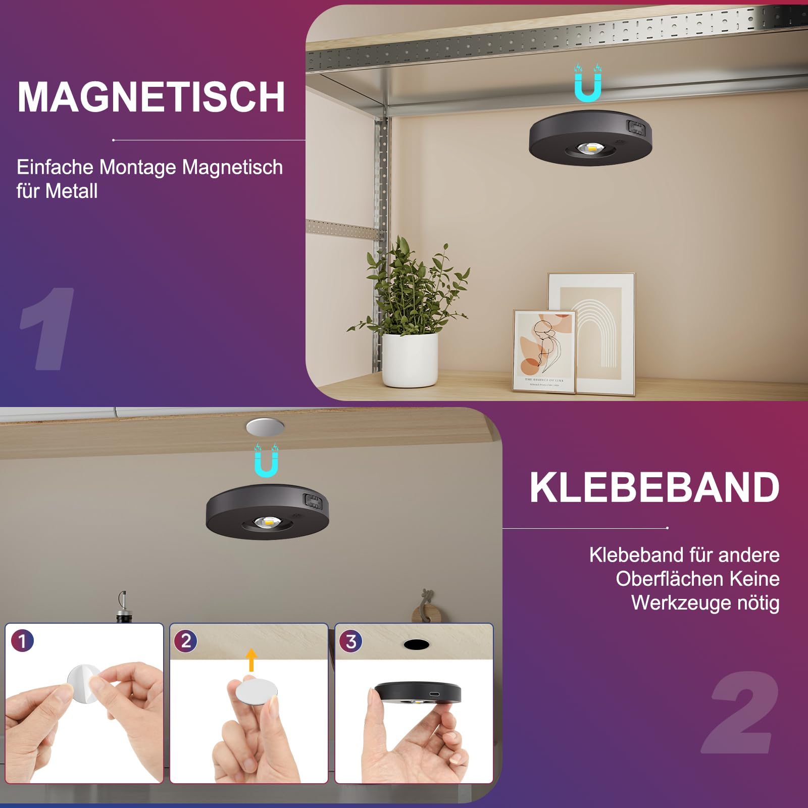 Schrankbeleuchtung USB Aufladbare RGB Katzenaugen LED Spot Akku mit Fernbedienung - 9 Farben, Dimmbar, Magnetisch, Timer, LED Unterbauleuchte Vitrinenbeleuchtung Regal Beleuchtung (6er Pack)