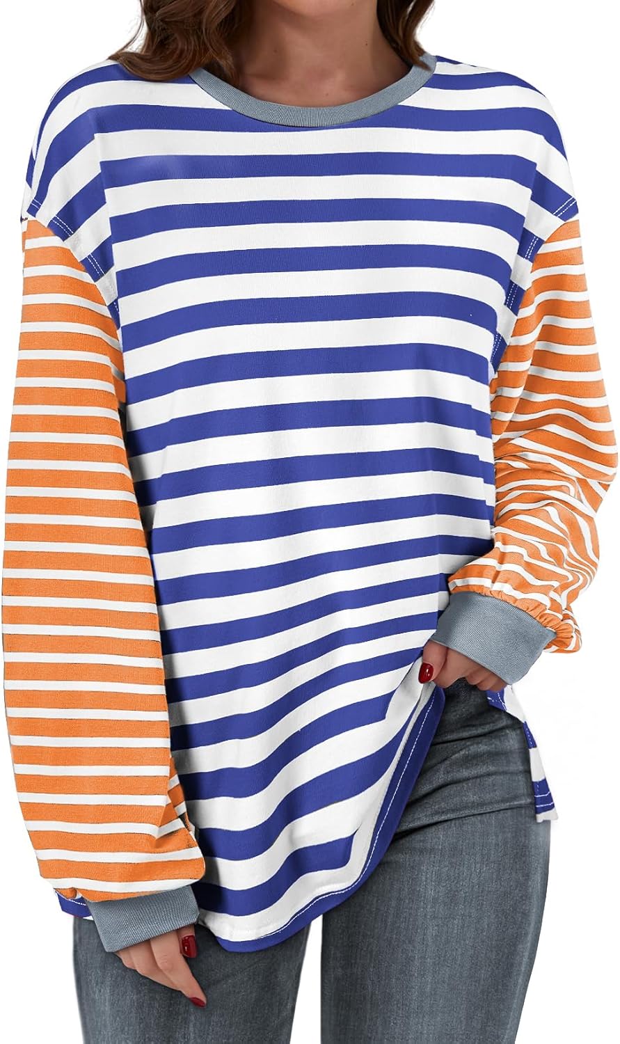 BLENCOT Women’s Oversized Patchwork T Shirts Fall Long Sleeve Striped Color Block Loose Fit Pullover Tops
