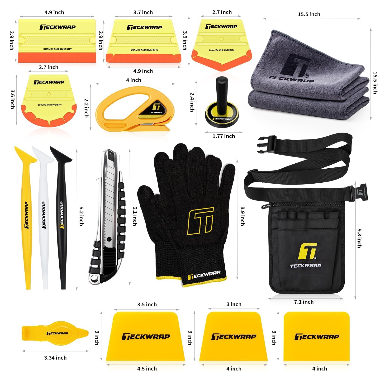 TECKWRAP Lot de 22 Outils en Vinyle pour Voiture - Raclette, Couteau, Cutter de sécurité, Gants Anti-coupures, aimants et Pochette à Outils pour Emballage de véhicule