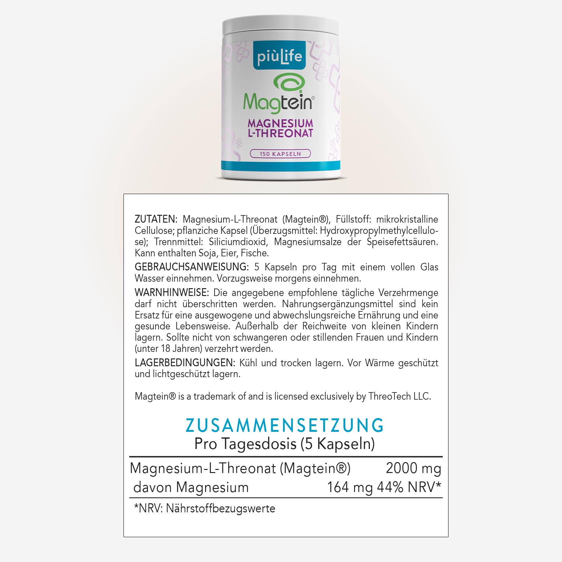 Magnesium Threonate Magtein PiùLife – 2000 mg (davon 164 mg des Minerals) | Nahrungsergänzung für Gedächtnis & Konzentration – 150 Kapseln – Gluten- & Laktosefrei