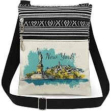 New York Theme Crossbody Bag Statue of Liberty and Skyline with Watercolor Art Messenger Bag New York Print Adjustable Strap Purse for Adults Travel Souvenir Gift for City Lovers